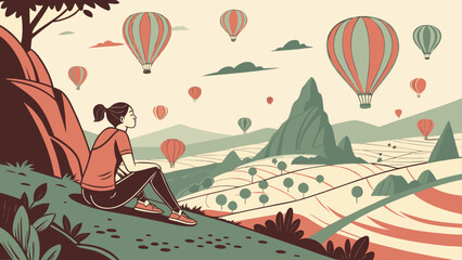 Woman sitting on a hill watching hot air balloons floating over a landscape view with mountains and trees