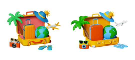 Open suitcase packed with travel essentials ready for a summer vacation trip on transparent background