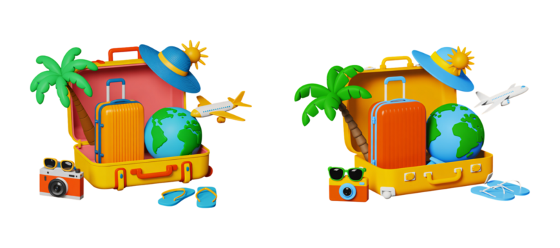 Open suitcase packed with travel essentials ready for a summer vacation trip on transparent background