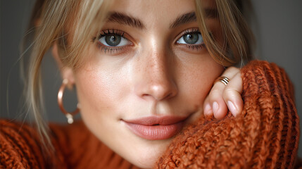 Natürliche blonde Frau mit blauen Augen in kuscheligem orangefarbenem Strickpullover Portrait