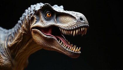Realistic dinosaur head sculpture with open mouth. Detailed texture and fierce expression on a black background. Perfect for museum exhibitions or educational content about prehistoric animals.