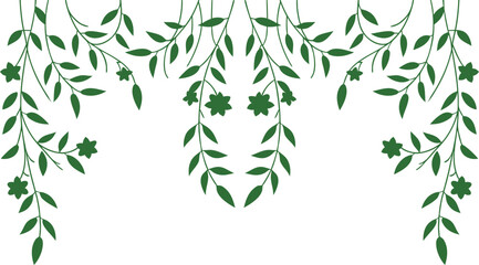 "Green leafy vine border with hanging branches and small floral decorations on white background. Elegant nature-inspired frame for invitations, cards, or digital designs. Simple, fresh, and organic 