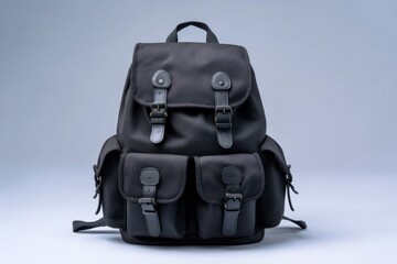 Naklejka premium Black leather backpack with buckles straps