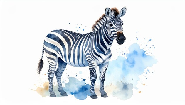 Zebra portrait against blue watercolor beautiful wildlife art captivating zebra art vibrant blue background unique animal