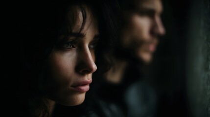 A woman and man look away from each other near a window their faces reflecting a mood of quiet contemplation and melancholy