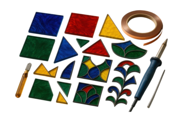 Colored glass kits with tools and designs for DIY stained glass home decor.