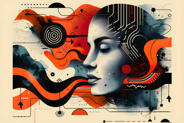 Overthinking, depression, anxiety – conceptual illustration symbolizing emotional overload, burnout, inner conflict and mental health struggle through a fragmented, modern human figure. 