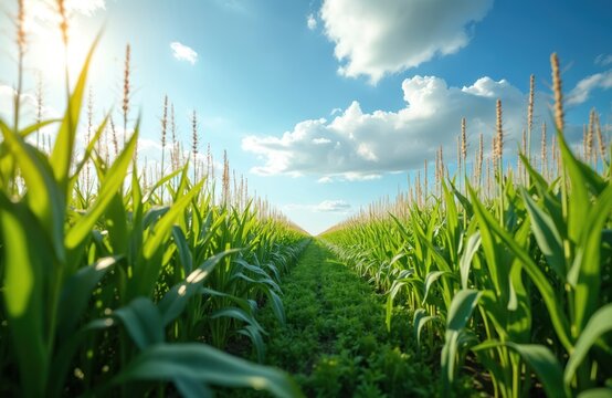 View of cornfield under bright blue sky. Lush green plants grow tall. Lines of crops stretch towards the horizon. The photo shows farming in the countryside.