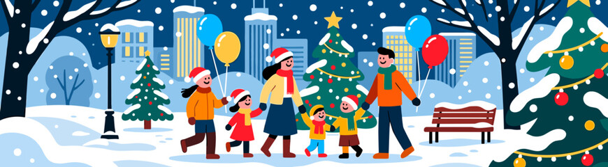Fototapeta premium Family walking in snowy city park at Christmas night