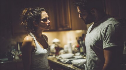 A couple in a kitchen appears to be in a tense argument amidst dirty dishes lit by dramatic lighting