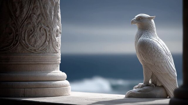 Stone eagle guarding the distance with sea view background