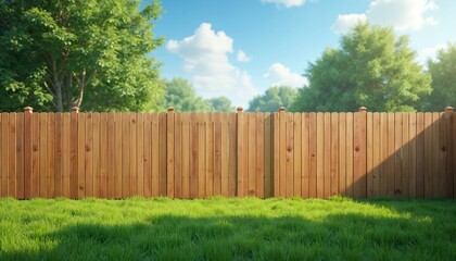 Fototapeta premium Wooden fence stands in a sunny yard. Green grass grows below a wood structure. Trees and blue sky make a background. Sunlight creates shadows.