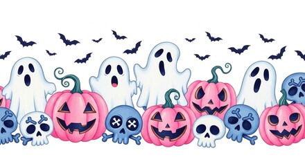 A Halloween themed drawing of ghosts, bats, and pumpkins