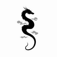Elegant Silhouette Winding Dragon with Clouds Illustration Graphic Design Element