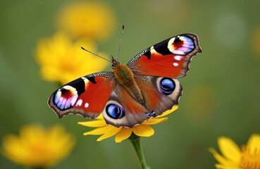 Peacock butterfly lands on yellow flower. Bright orange insect wings display blue eyespots. Macro view of Aglais io butterfly in green summer garden. Nature photo.