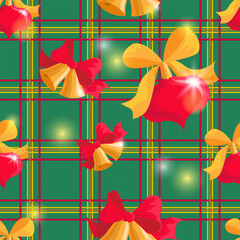 A pattern of Christmas tree ornaments, bells, and bows. Seamless design for holiday greeting cards, backgrounds, websites, social media banners, and marketing materials. Vector
