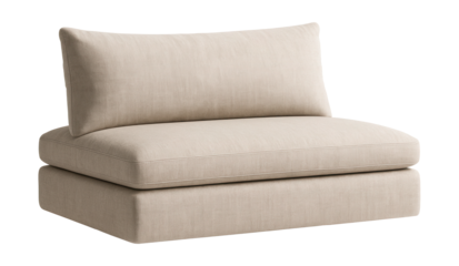 Armless low sofa with a sleek linen cover, ideal for a minimalist bedroom nook.