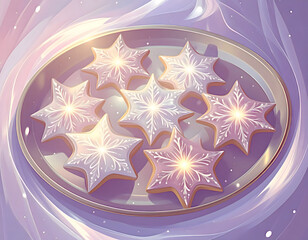 Glowing Pastel Snowflake Cookies on a Platter