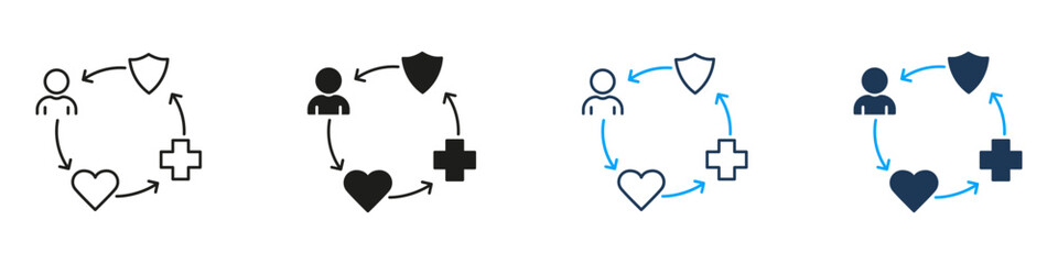 Person, Heart, Shield, And Medical Cross Cycle Line And Solid Icon Set. Health, Protection, And Wellness Lifecycle Symbol Collection. Healthcare And Safety Concept. Isolated Vector Illustration