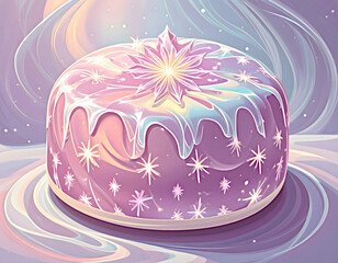 Round Pastel Cake with Crystalline Glaze and Snowflakes