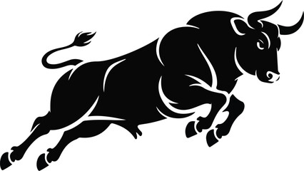 Strong black silhouette of a bull on a white background