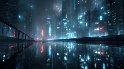 Futuristic sci-fi proposal on a glass skybridge over neon cityscape urban environment nighttime viewpoint innovative concept