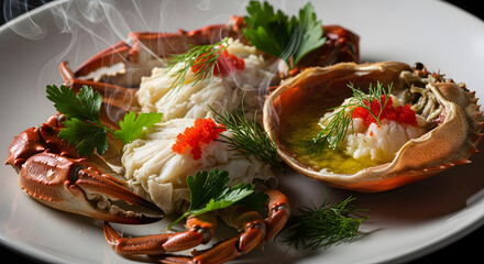 Delicious crab dish with fresh herbs and vibrant garnishes on plate.
