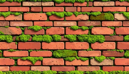 Obraz premium Weathered brick wall texture lush moss growth detail capturing rustic charm of old wall with organic moss