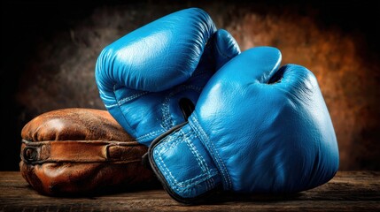 Stylish blue boxing gloves resting on a leather bag with dramatic backlighting