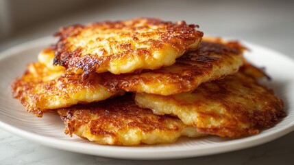 Crispy potato pancakes stacked on a white plate, perfect for breakfast or brunch at home