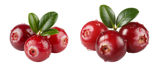 Fresh cranberries with green leaves and water droplets on transparent background