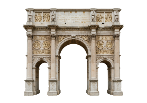 Isolated Arch of Constantine, a historical monument in Rome, Italy, against a blank background