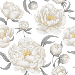 White peonies on a transparent background. Seamless pattern of watercolor peony flowers. Seamless pattern with flowers and leaves. Floral pattern for wallpaper or fabric. © Artem
