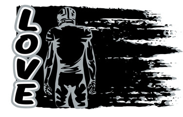 Stylized football image with  silver and black  player silhouette, vertical LOVE text and dynamic brushstroke background. Bold design for sports branding, fan gear and creative projects