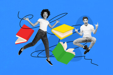 Creative poster banner 3d collage photo of two happy girl guy student classmates jump book literature subject test showing rock roll