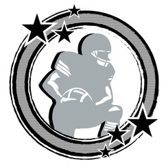Retro-style round frame in  silver and black with stars and a football. Centered silhouette of a player holding the ball. Dynamic vector graphic for sporty, vintage-themed designs.