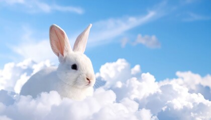 Obraz premium White rabbit sits on clouds dreamy fantasy animal art ethereal white rabbit rests on fluffy clouds in sky