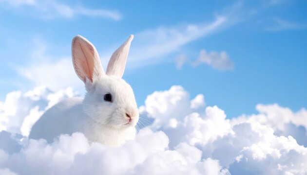 White rabbit sits on clouds dreamy fantasy animal art ethereal white rabbit rests on fluffy clouds in sky
