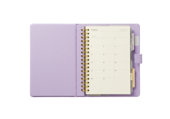 Isolated open planner, lilac color, with golden spiral binding, planning and organization