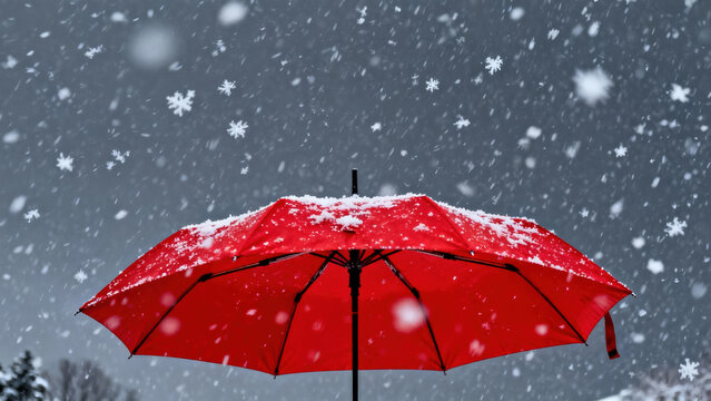 Snowflakes fall gently around a bright red umbrella set against a dark, cloudy sky. The scene captures the chill of winter and the beauty of a snowy day in a tranquil setting