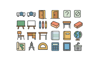 Fototapeta premium of vector colored flat icons. outline stroke user interface simple colored icons style Education (classroom) projector on projector off door open door closed quiz active quiz inactive chalk