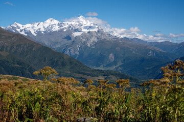 Mountain Summits Around The Ushba Region In The Caucasus Range Of Georgia: Scenic Alpine Landscape With Hiking Trail And Snow Capped Peaks