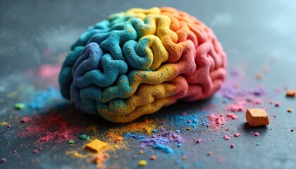 Colorful brain made of chalk on dark background. Vibrant symbolic concept of awareness and cognitive diversity. Chalk pieces and powder scattered around brain.