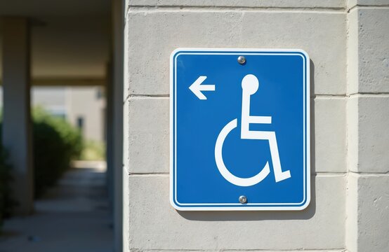 Wheelchair access sign. Blue square shows disabled person icon. Signage mounted on a building exterior. Sign indicates accessible route for wheelchair users.