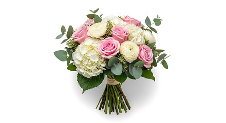 Elegant bouquet of pink roses white hydrangeas and ranunculus on a white background studio shot
