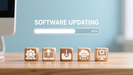 Wooden cubes with tech icons below glowing progress bar and text software updating on light blue background, system optimization