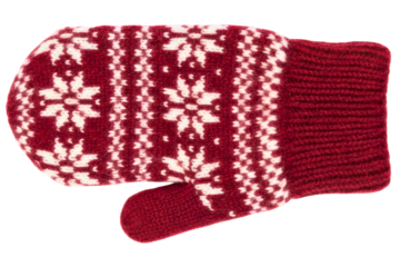 Red knitted wool winter mitten with a white snowflake pattern isolated on a transparent background