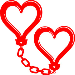 Two red heart shaped handcuffs illustration. Love bond and relationship symbol, romantic passion and connection concept for Valentine’s Day artwork design