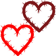 Two thorn heart outlines illustration. Red and dark heart shapes with barbed design, symbol of love, pain, passion and emotional relationship concept art
