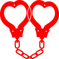 Red heart-shaped handcuffs silhouette. Love bond and relationship concept illustration and romantic symbol of passion. Valentine’s Day design